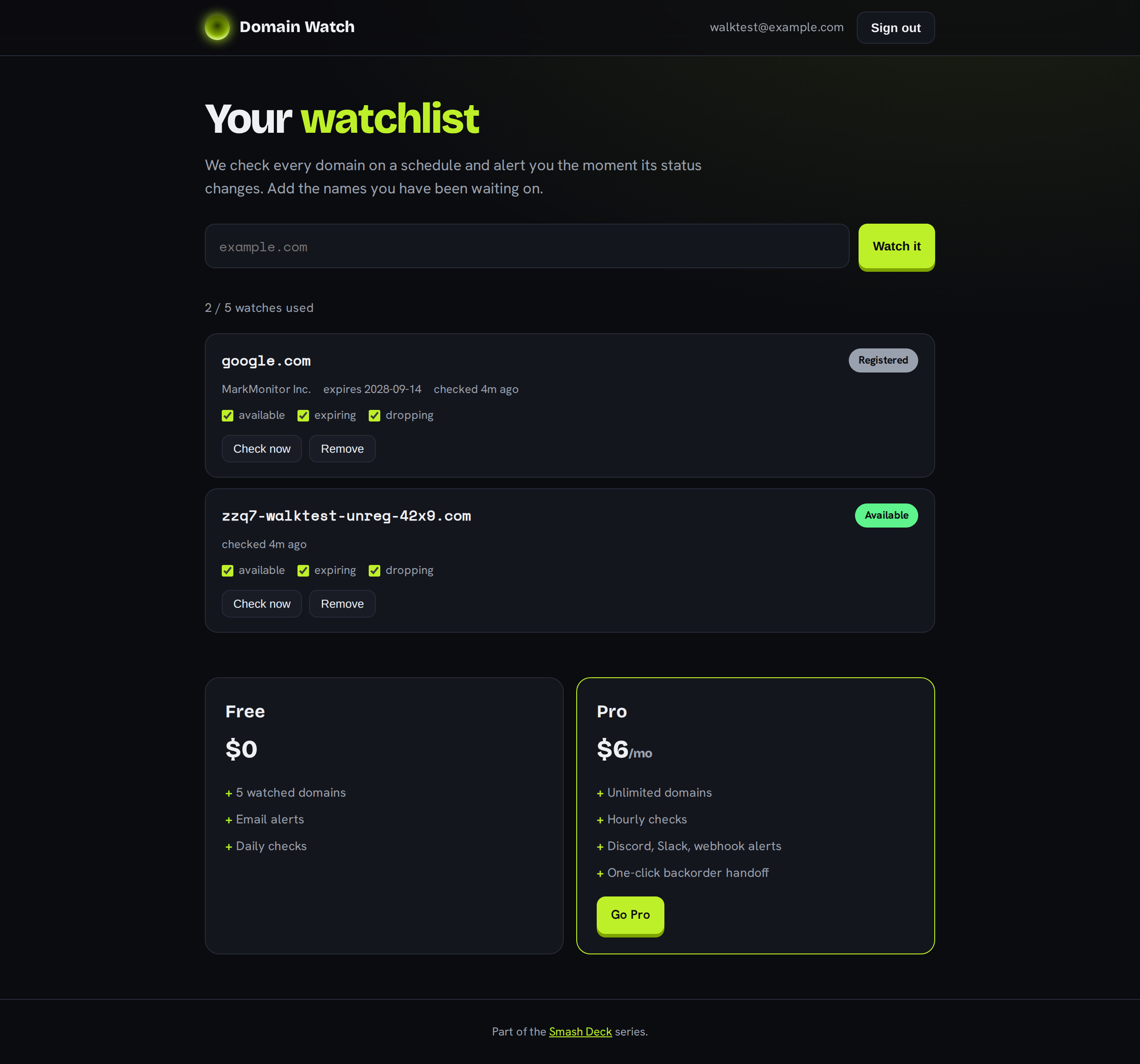 Domain Watch dashboard tracking domain status